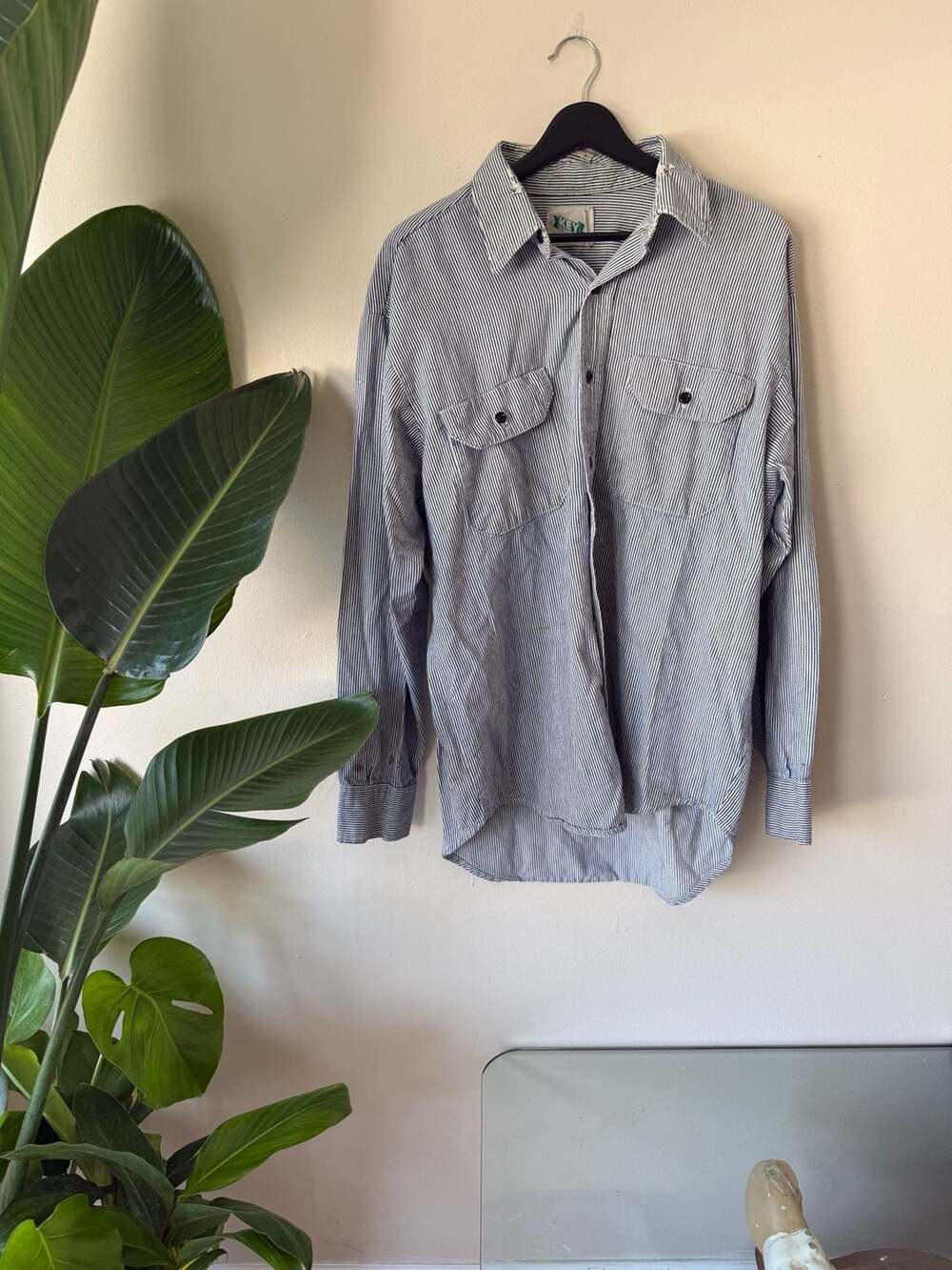 KEY Vintage Railroad Stripe Work Shirt Hickory Stripe Long Sleeve Button Down